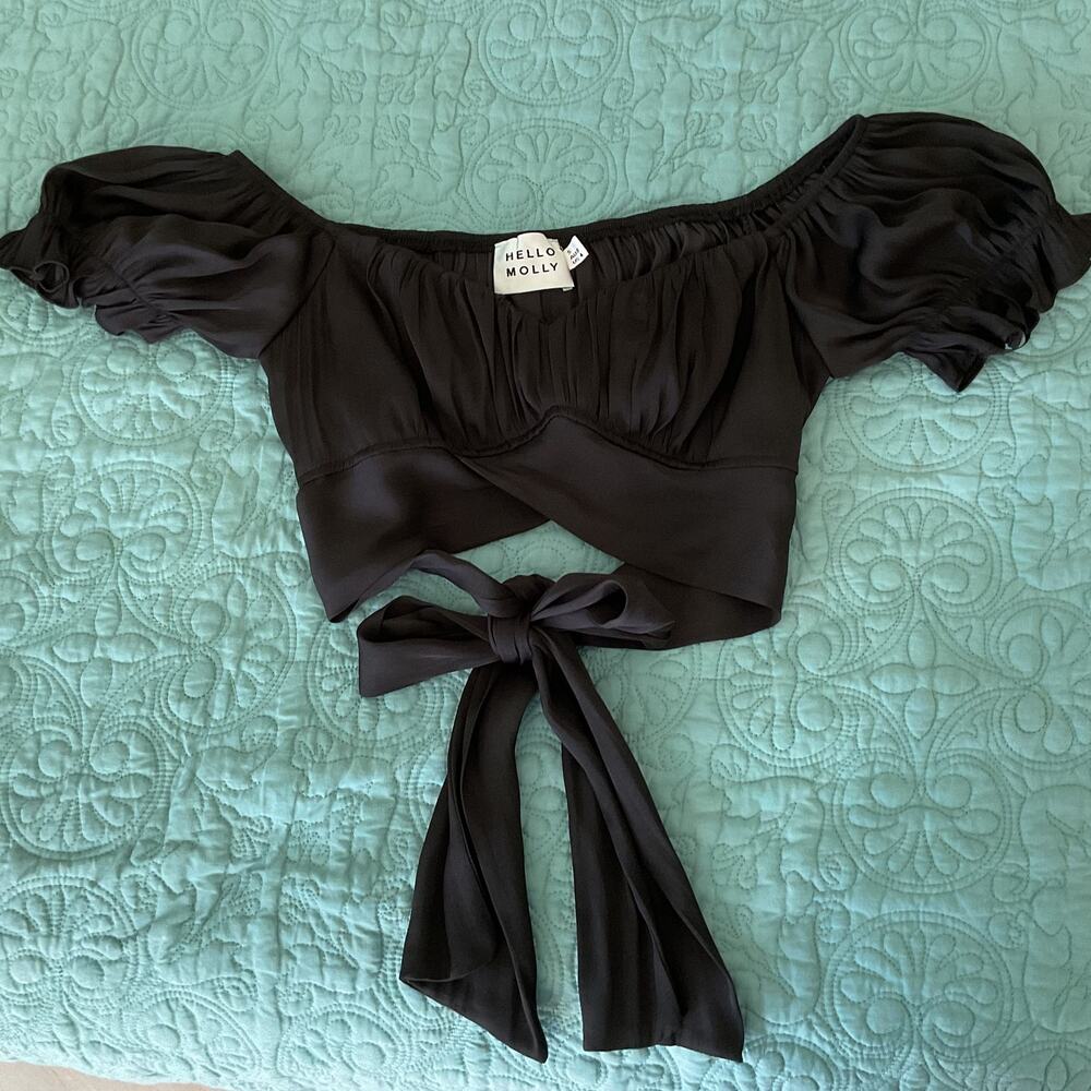 Hello Molly Womens Black Puff Sleeve Tie back Crop Top Small